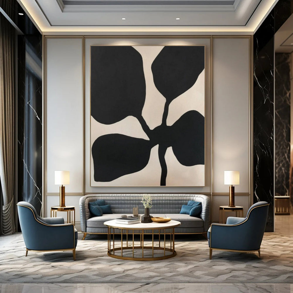 “Black Floral Silhouette on Light Beige” - Nature - Inspired Minimalist Painting On Canvas PT1077