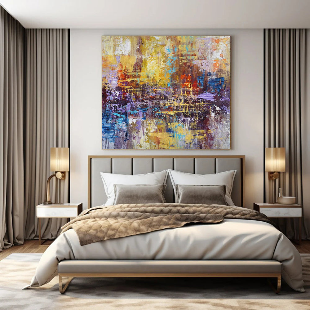Golden - Purple Abstract City, "Metallic Mosaic" – Abstract Urban Painting On Canvas PS0924