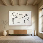 “Minimalist Horse Silhouettes” - Black & White Figurative, Simplistic Ink Painting On Canvas DKS751