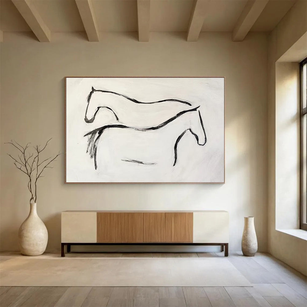 “Minimalist Horse Silhouettes” - Black & White Figurative, Simplistic Ink Painting On Canvas DKS751