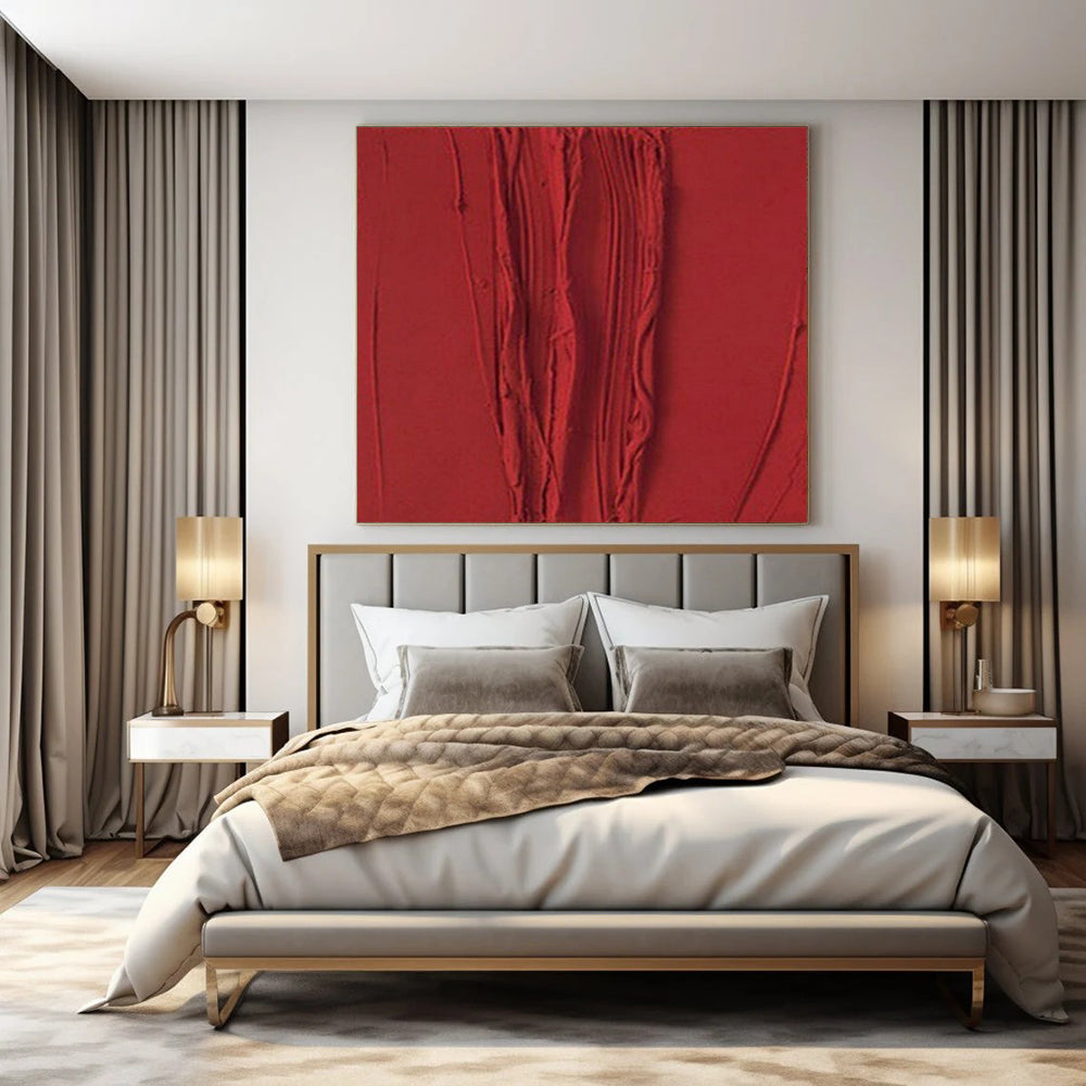Textured Red Vertical Ridges "Crimson Currents" Relief Sculpture On Canvas PS1071