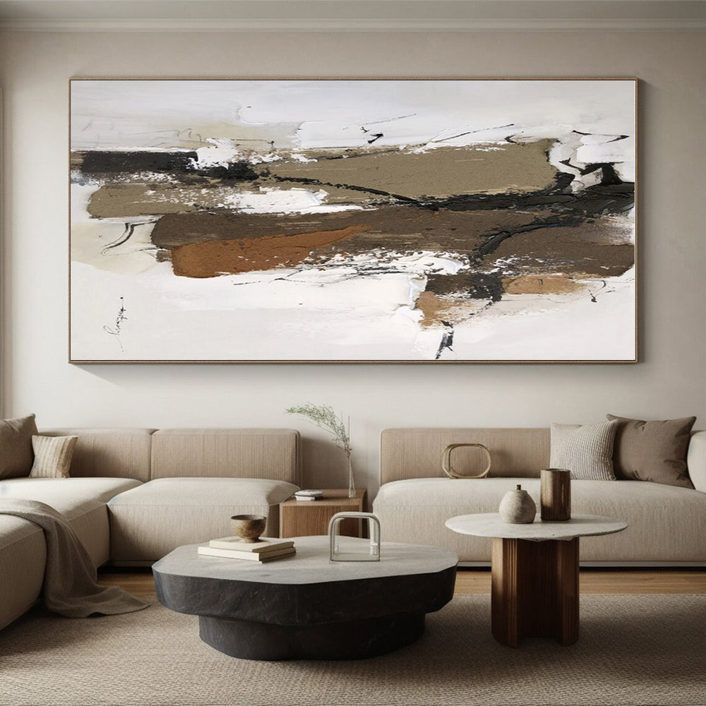 “Brown - White Layered Abstraction” - Brown, White, Black Abstract Painting On Canvas PS0496
