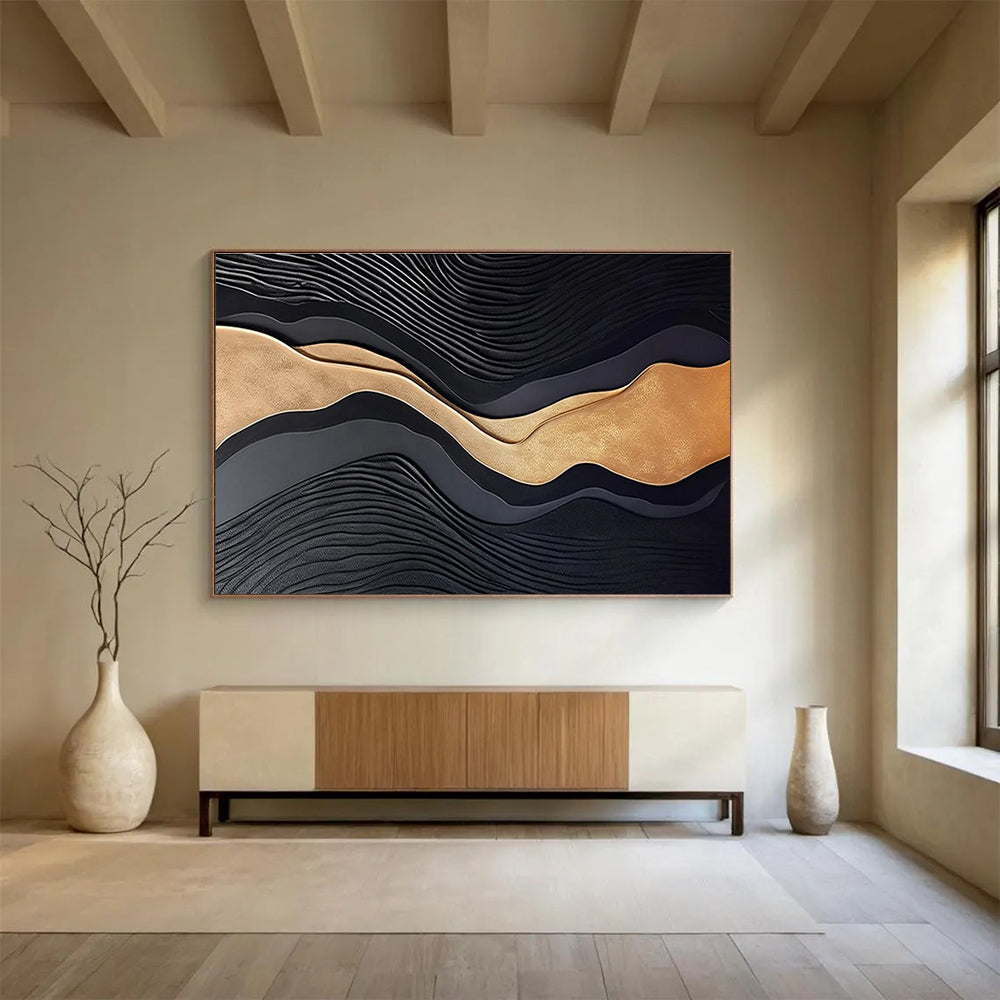 Black and Gold Textured Waves Contemporary Abstract Painting On Canvas DKS149