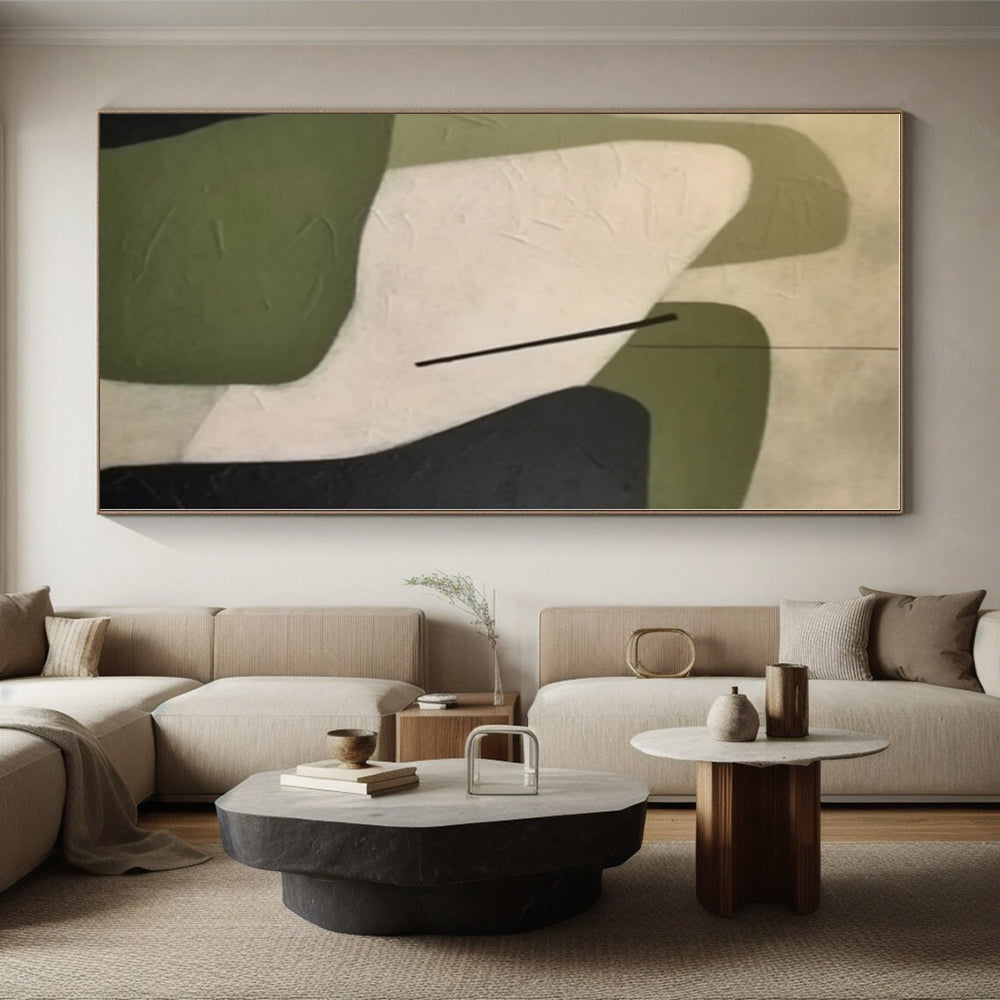 “Geometric Shapes in Green & Neutral” - Green, White, Black Abstract Geometric Painting On Canvas PS0575