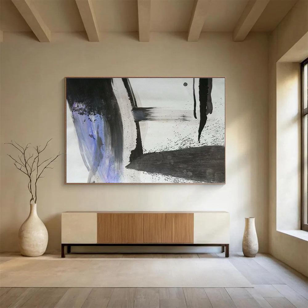 “Black, Gray, and Purple Abstract” - Abstract Ink Painting On Canvas DKS852