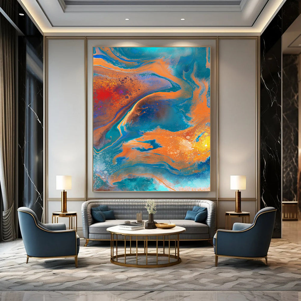 “Vibrant Swirls: Blue, Orange, and Red Abstract” - Fluid Art - Style Painting On Canvas PT0940