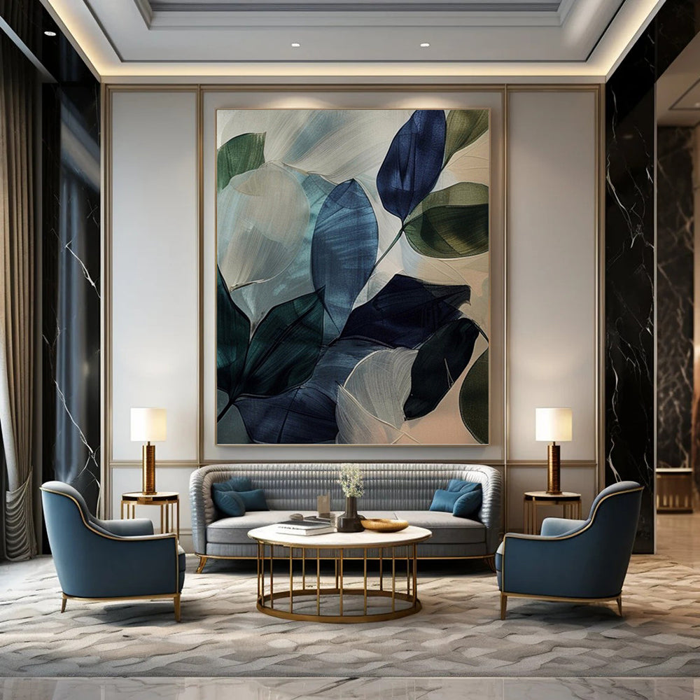 “Translucent Leaves: Blue - Green Botanical Art” - Delicate Nature Painting On Canvas PT0972