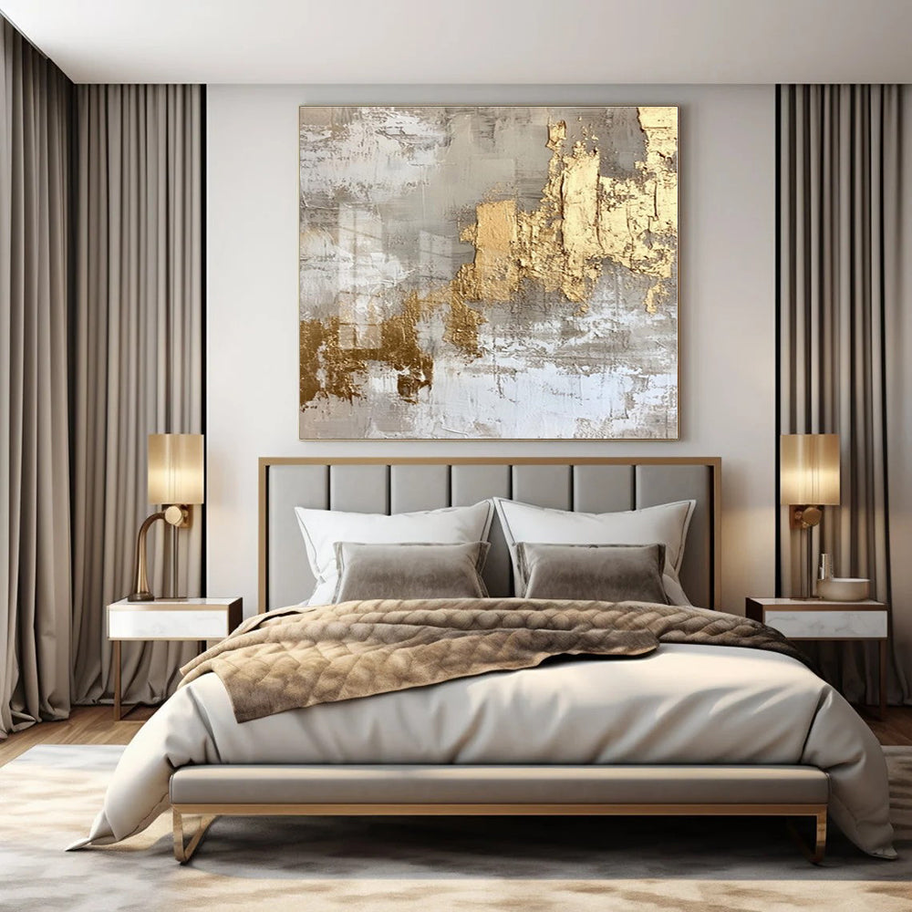 Gray, Gold, White with Textured Layers "Gilded Aura" Abstract Painting On Canvas PS1275