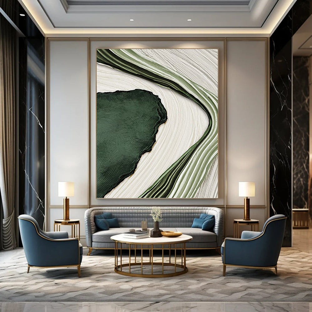 “Green & White Wave Abstraction” - Fluid, Nature - Inspired Painting On Canvas PT1473