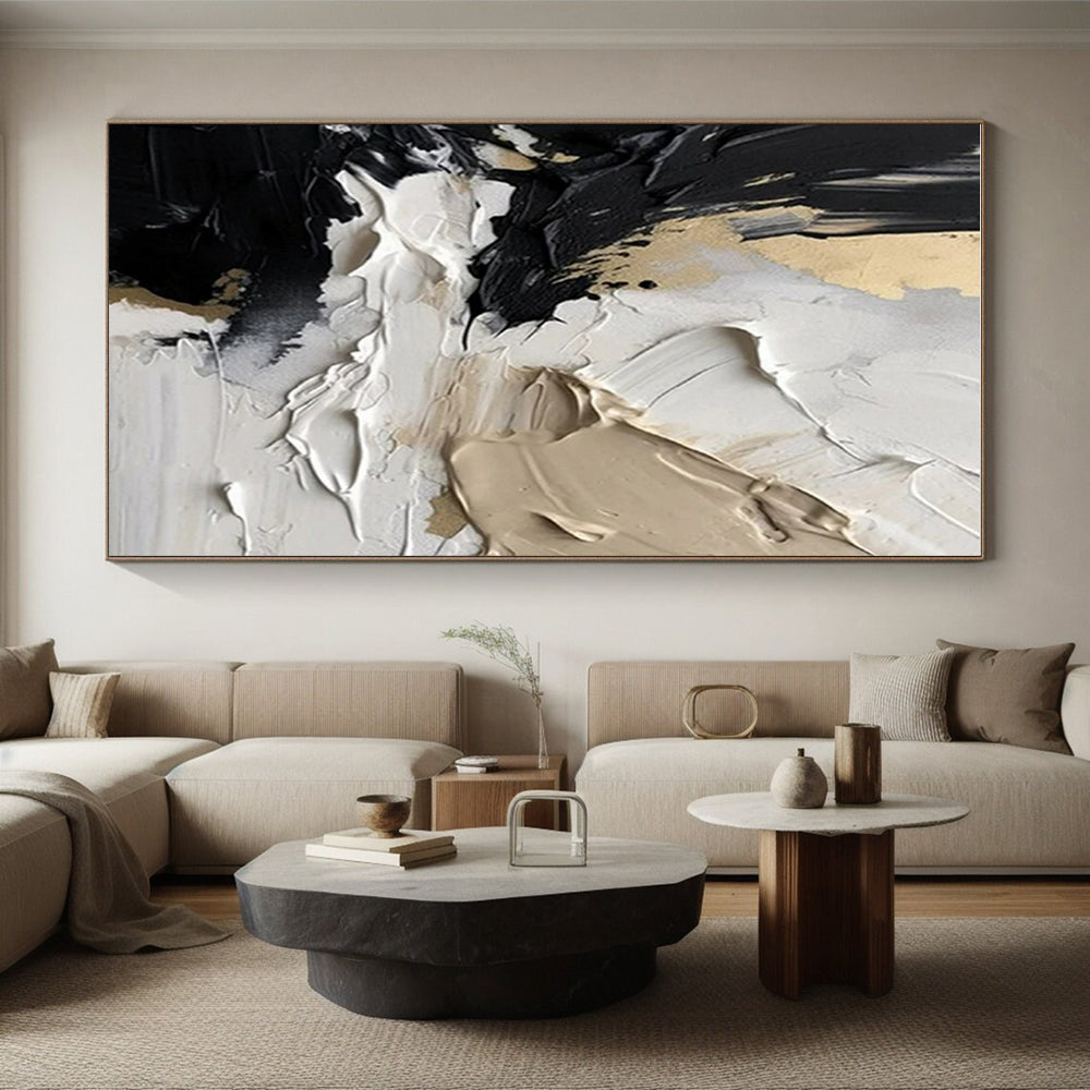 “Black - White - Gold Impasto” - Black, White, Gold Abstract Impasto Painting On Canvas PS0715