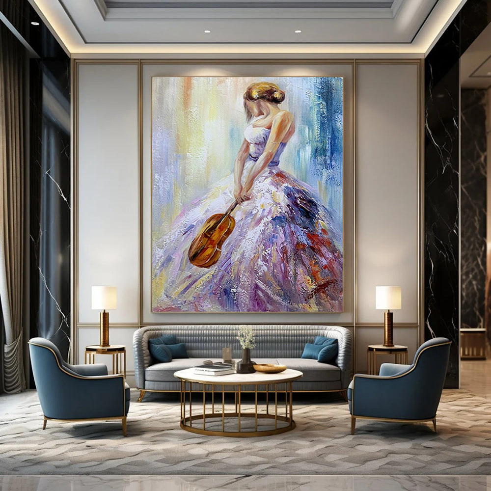“Woman in Colorful Gown with Violin” - Vibrant Oil Painting On Canvas PT2182