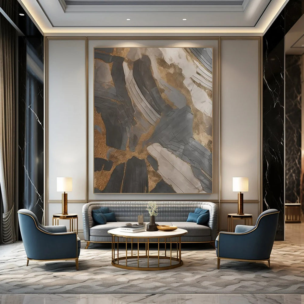 “Gold - Accented Geometry” - Dark Shapes & Metallic Highlights Painting On Canvas DS137