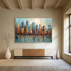 “Colorful Cityscape Reflection” - Impasto Urban Painting On Canvas PT077