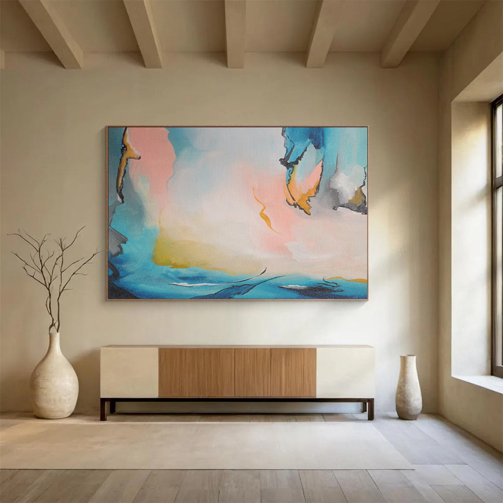 Blue, Pink & Yellow Fluid Abstract Painting On Canvas DKS021