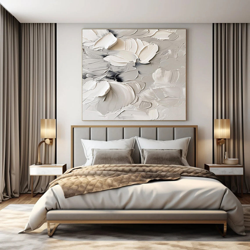 White, Gray, Black with Textured Flowers "Textured Blooms" Floral Painting On Canvas PS1289
