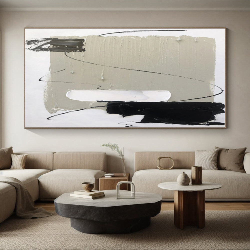 “Gray - Black Minimalist Lines” - Gray, Black, White Abstract Painting On Canvas PS0502