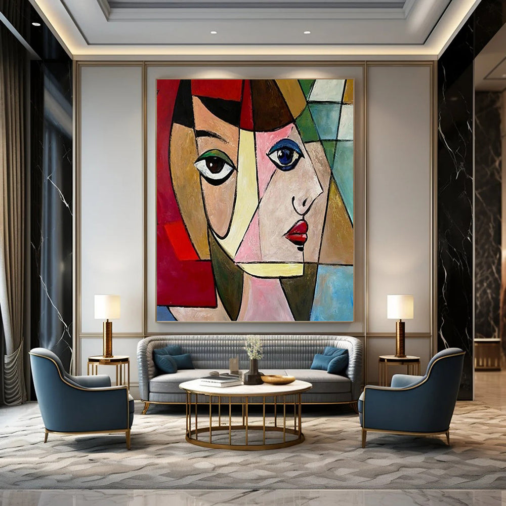 “Cubist Woman in Color Blocks” - Cubist - Inspired Portrait Painting On Canvas PT1407