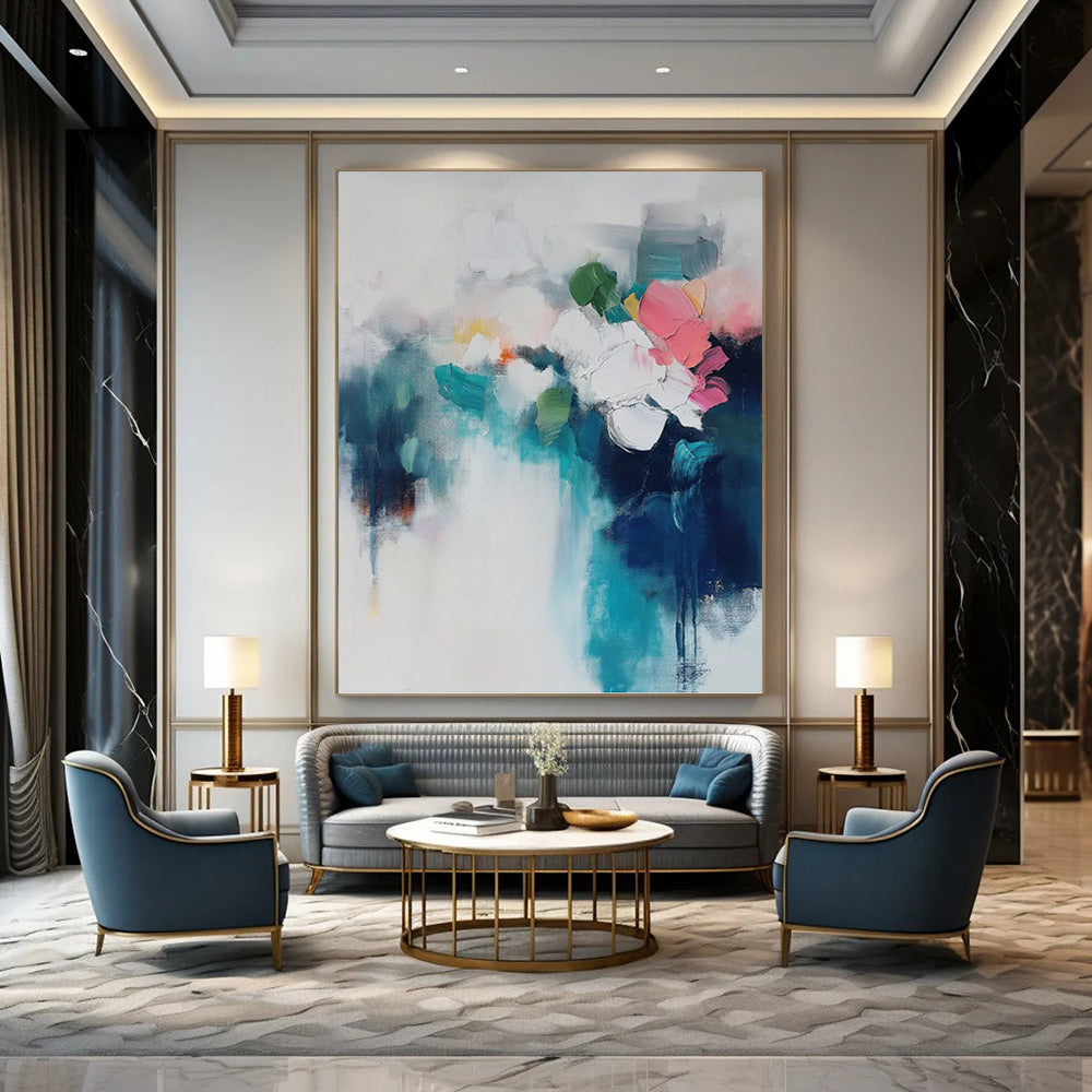 “Blue, White and Pink Floral Abstract” - Impressionistic Flower Painting On Canvas PT0996