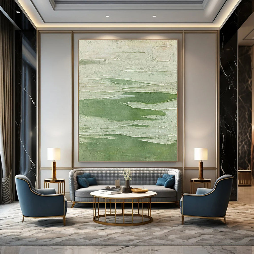 “Textured Green - White Layers” - Impasto Abstract Painting On Canvas PT1217