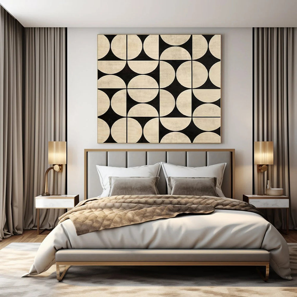 Black and Beige Geometric Pattern "Retro - Modern Mosaic" Abstract Painting On Canvas PS1082