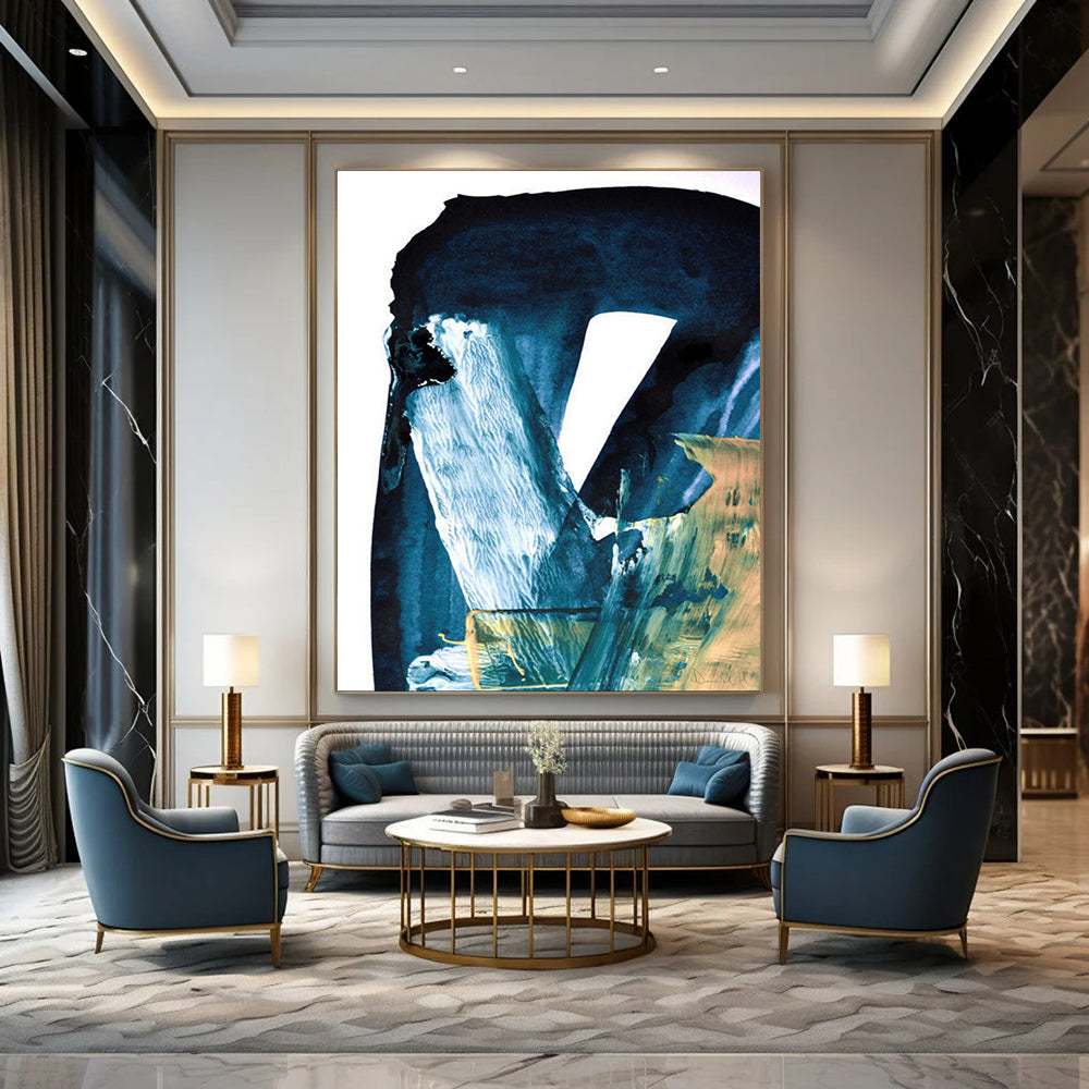 “Blue & Gold Abstract Fusion” - Deep Blues & Metallic Accents Painting On Canvas DS190