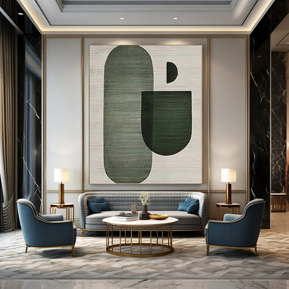 “Green - Grey Geometric Shapes” - Abstract Composition Painting On Canvas PT1132