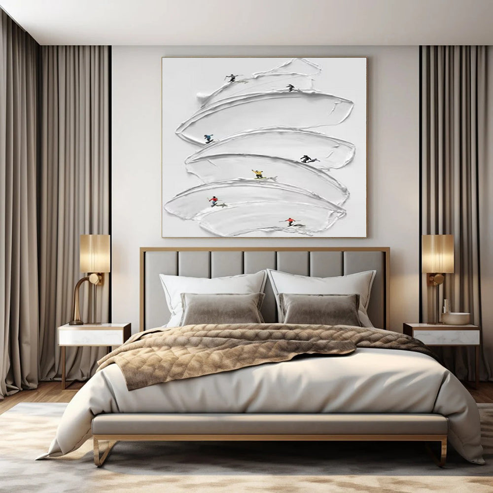 White with Mini Skiers "Snowy Slopes" Abstract Painting On Canvas PS1360