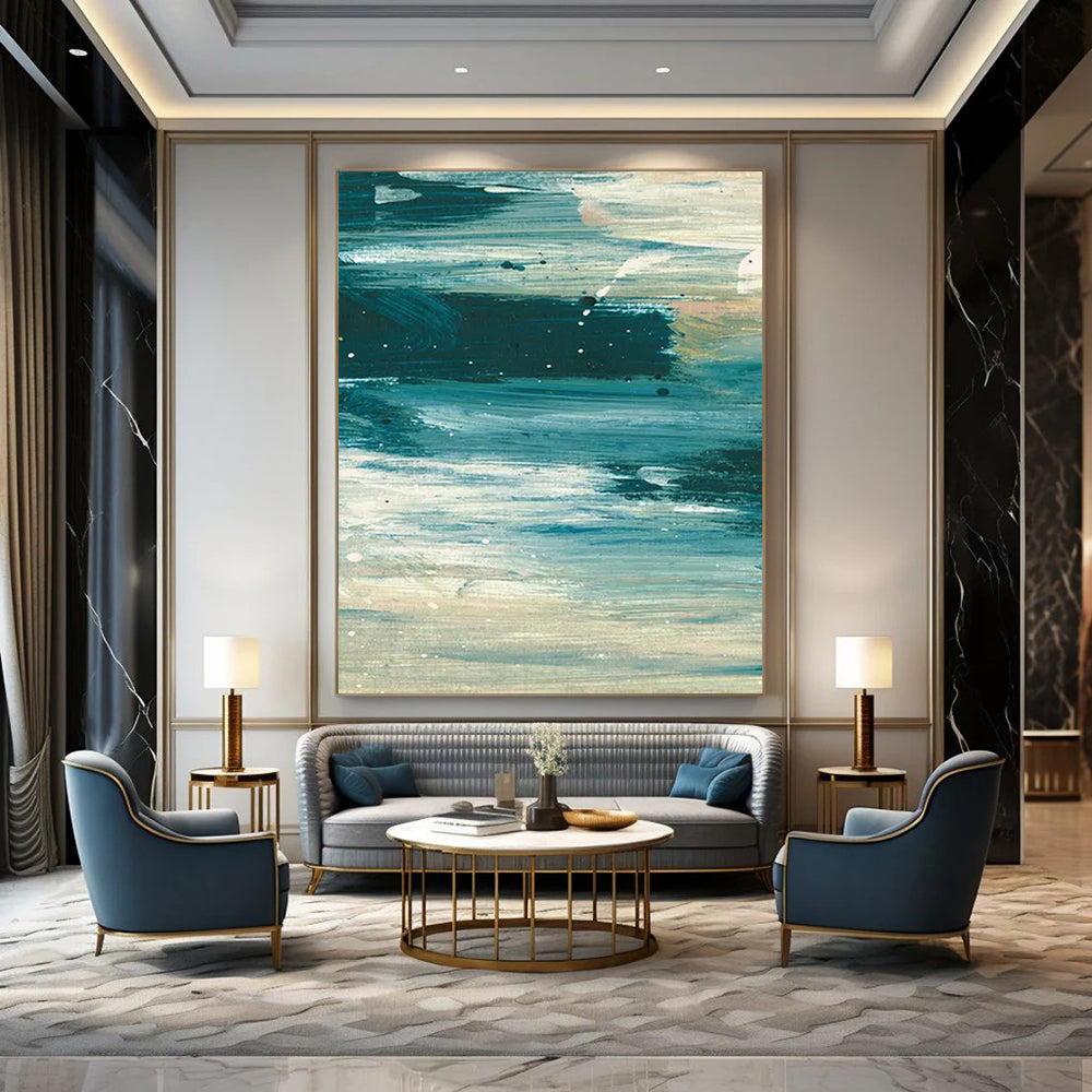 “Ocean Current Abstraction” - Deep Blue Swirls & White Accents Painting On Canvas DS177