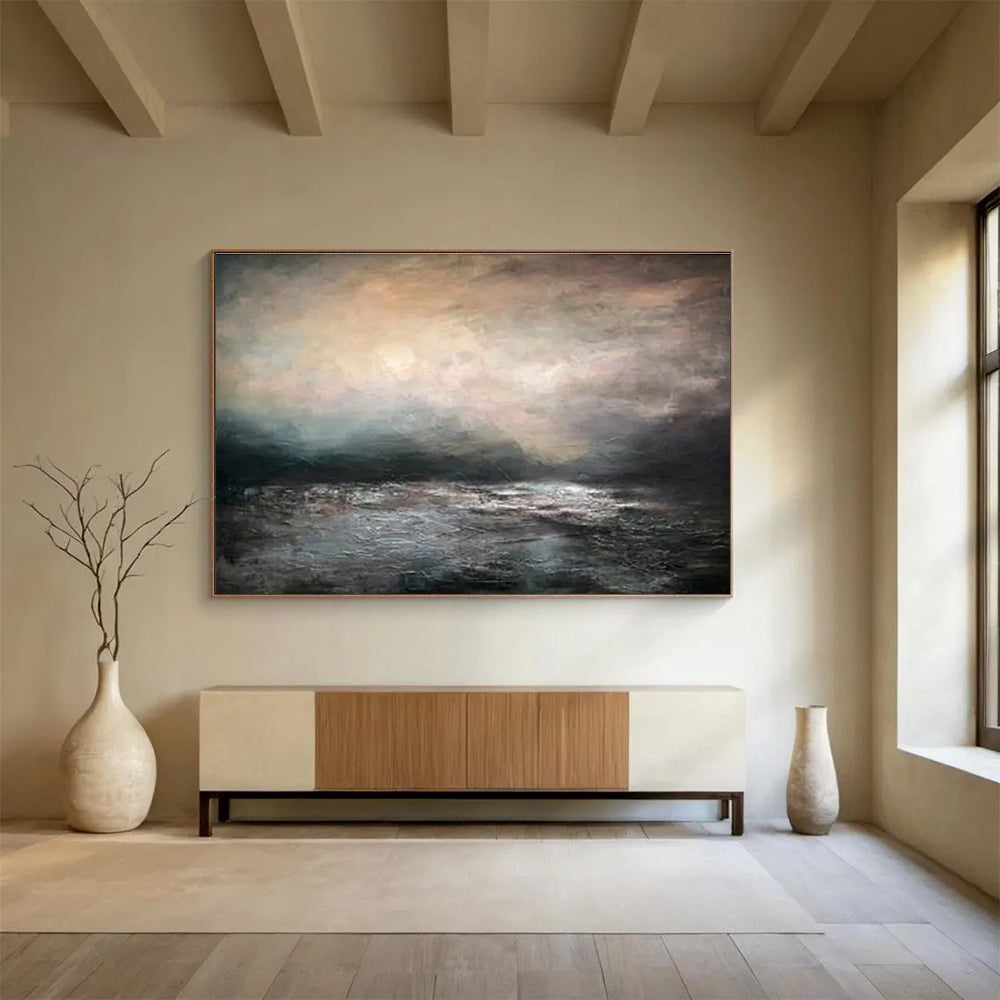 “Moody Gray Seascape” - Gray, Black & White Seascape, Impressionistic Oil Painting On Canvas DKS769