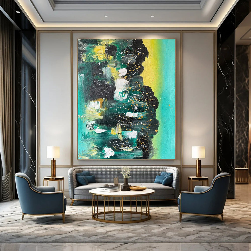 “Teal - Gold Abstract Splatter” - Abstract Expressionist Painting On Canvas DS038