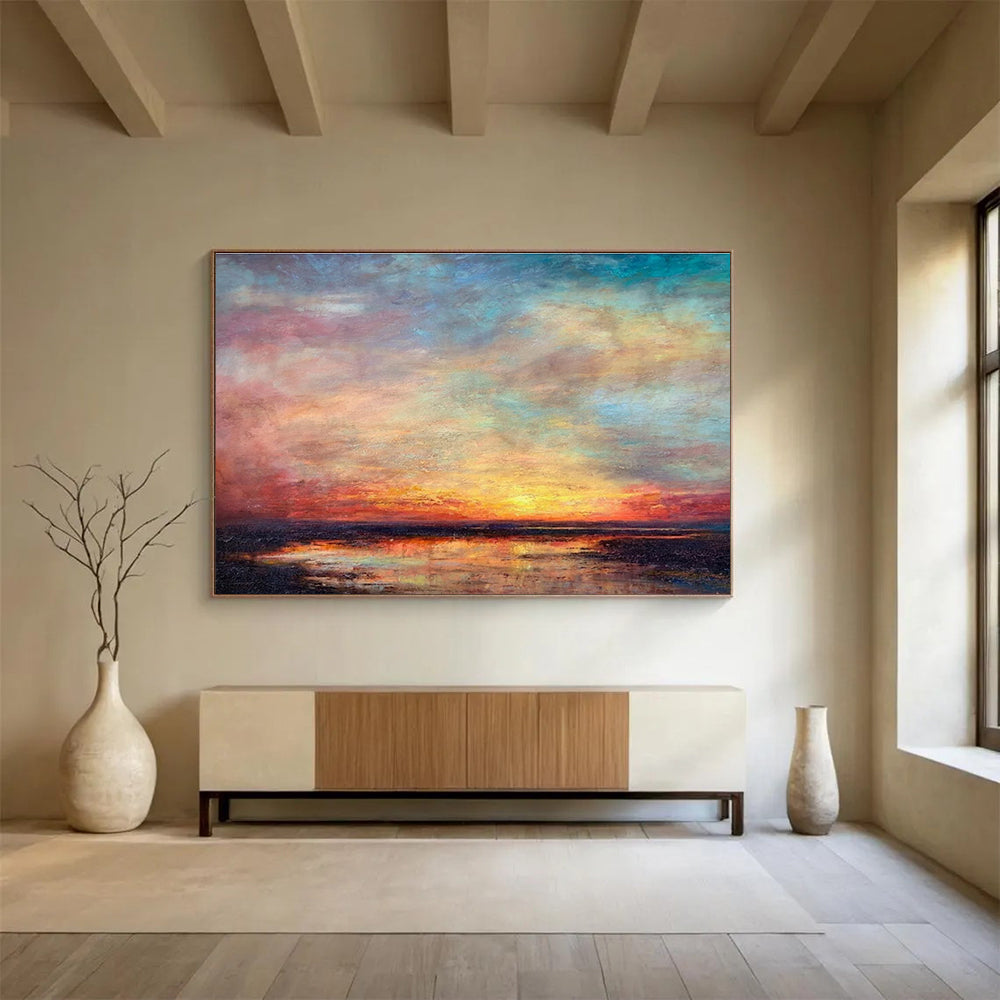 “Vibrant Sunset Reflection” - Blue, Pink & Orange Seascape, Expressive Oil Painting On Canvas DKS776