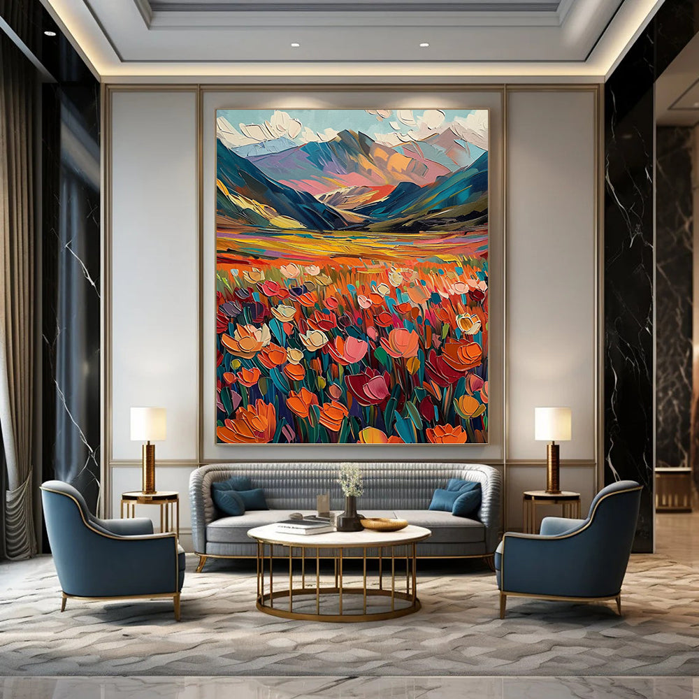 “Colorful Mountain Field” - Landscape, Vibrant - Hued Painting On Canvas PT1597