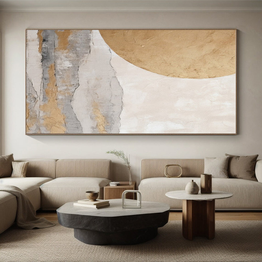 “Golden Sun & Misty Mountains” - Gold, Gray, Beige Abstract Landscape Painting On Canvas PS0745