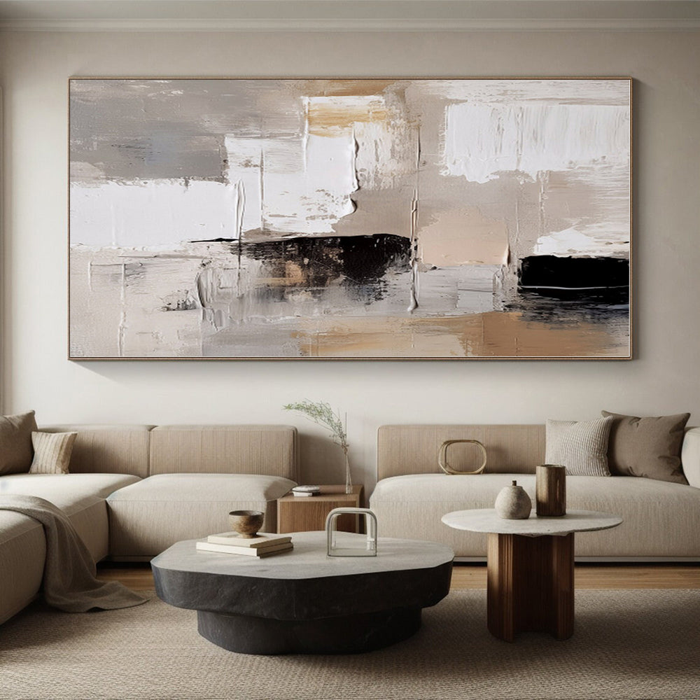 “Neutral - Black Textured Abstract” - Beige, Gray, White, Black Textured Abstract Painting On Canvas PS0442