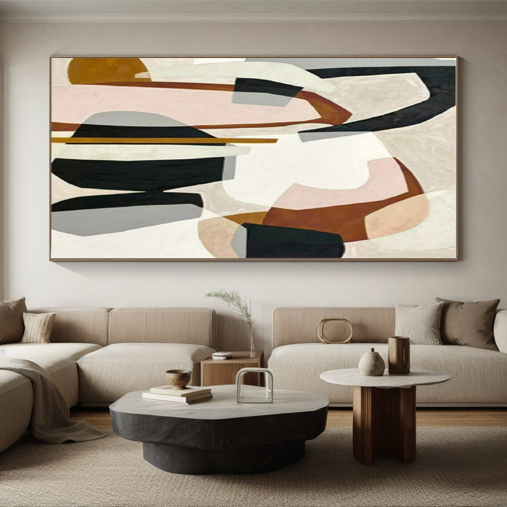 “Pastel Geometric Fusion” - Pink, Brown, Gray, Black Abstract Cubist Painting On Canvas PS0670