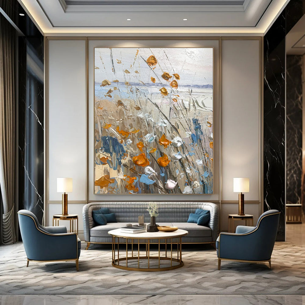 “Textured Wildflowers in Orange, Blue, and White” - Impasto Landscape Painting On Canvas PT1839