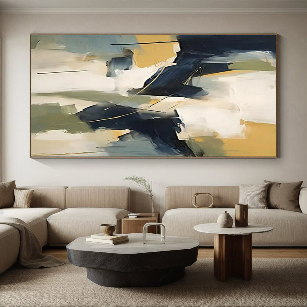 Blue, Yellow, White & Green Abstract Forms Painting On Canvas PS0831