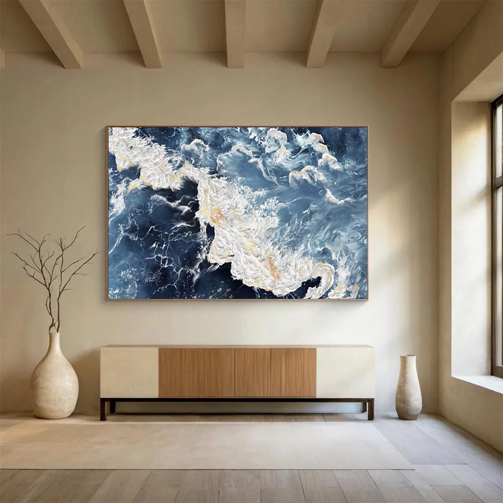 “Blue - White Turbulent Seas” - Thick - Textured Painting On Canvas PT1528