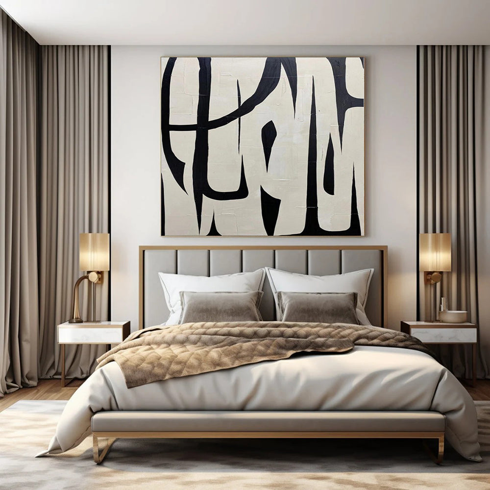 Black and White with Bold, Intertwined Forms "Dynamic Interplay" Abstract Painting On Canvas PS1133