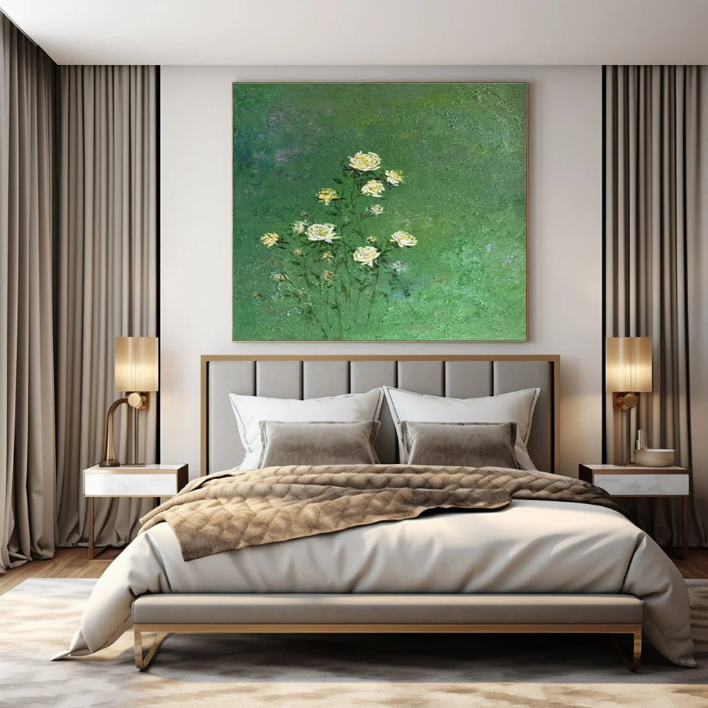 Green, White, Yellow with Delicate Flowers "Nature’s Whisper" Abstract Painting On Canvas PS1453