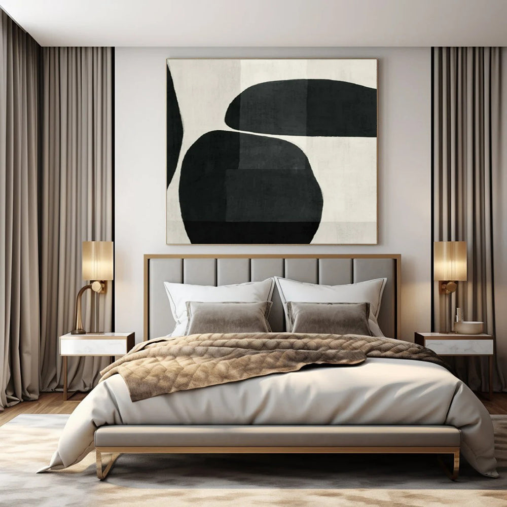 Black, White with Curved Shapes "Organic Flow" Abstract Painting On Canvas PS1448