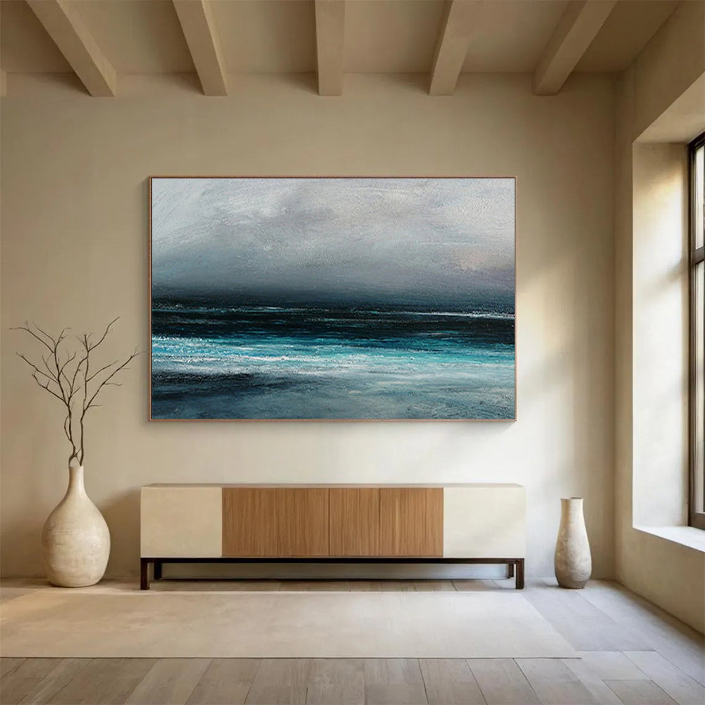 “Moody Coastal Landscape in Grays and Blues” - Atmospheric Oil Painting On Canvas PT035