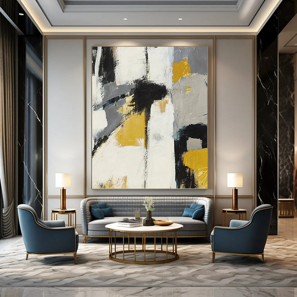 “Yellow, Gray, and Black Abstract” - Abstract, Bold - Colored Painting On Canvas PT1525