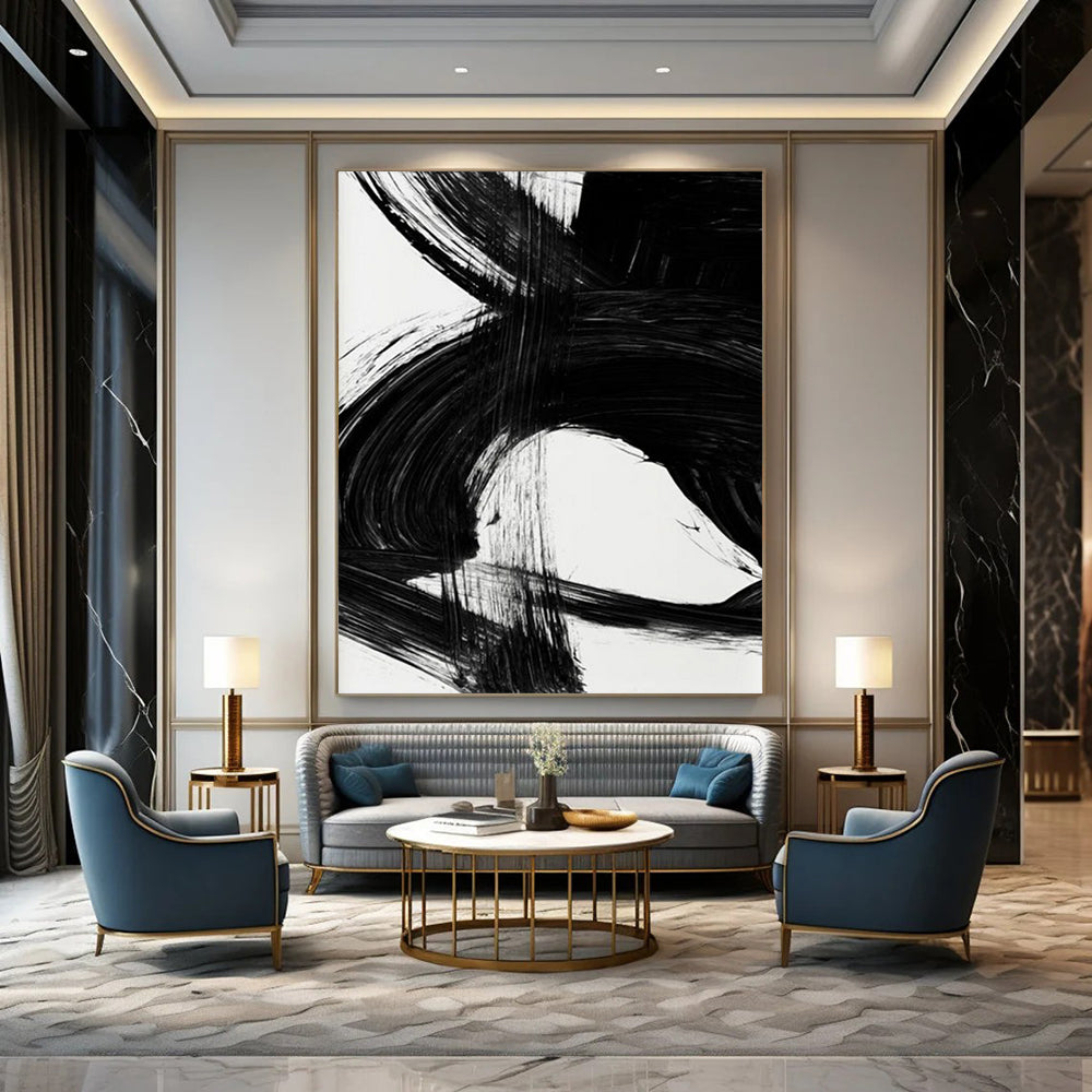 “Swirling Black Ink” - Intricate, Curved Strokes on White Canvas Painting On Canvas DS196
