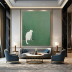 “Minimalist White Cat on Green” - Minimalist Animal Painting On Canvas PT1937