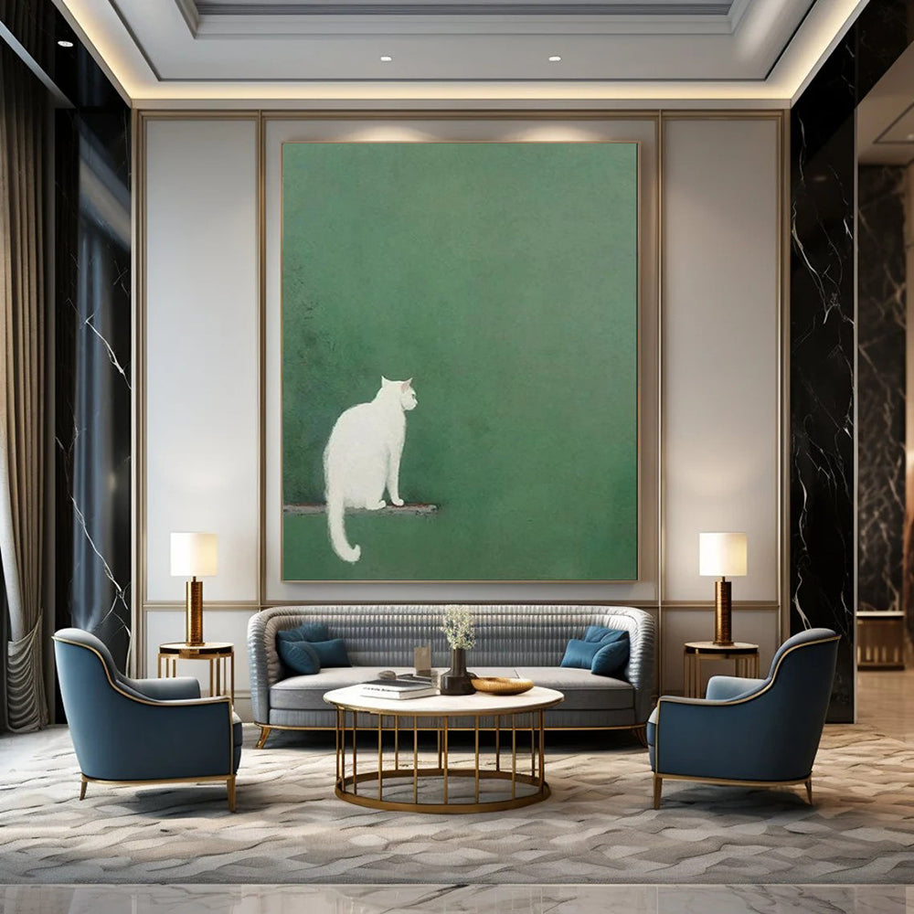 “Minimalist White Cat on Green” - Minimalist Animal Painting On Canvas PT1937