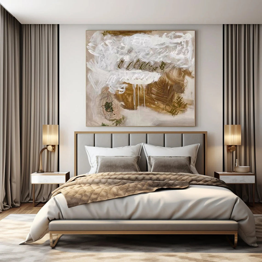 Abstract White and Brown "Expressive Drips" Abstract Expressionist Painting On Canvas PS1085