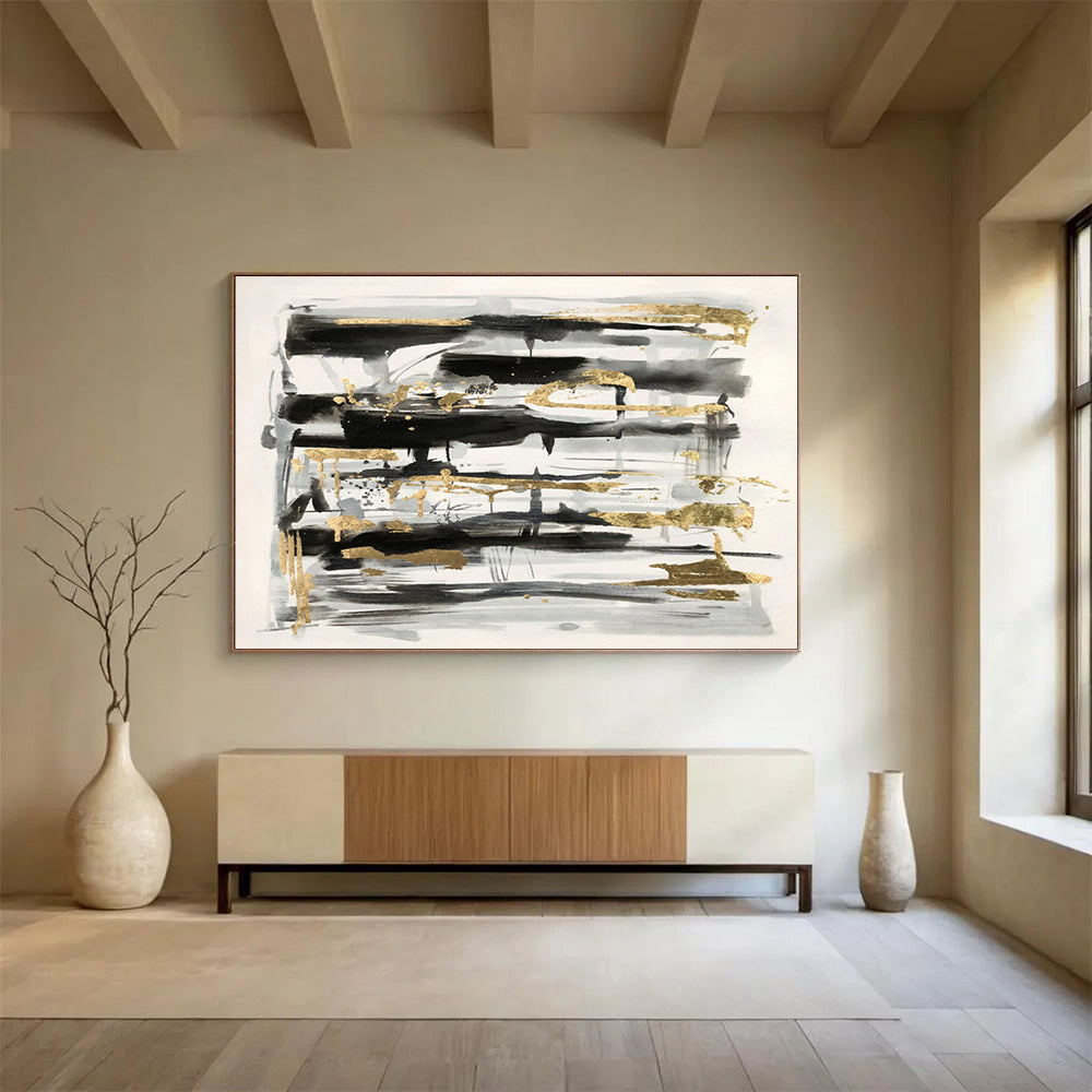 “Black, Gray, and Gold Abstract” - Minimalist Abstract Painting On Canvas DKS846