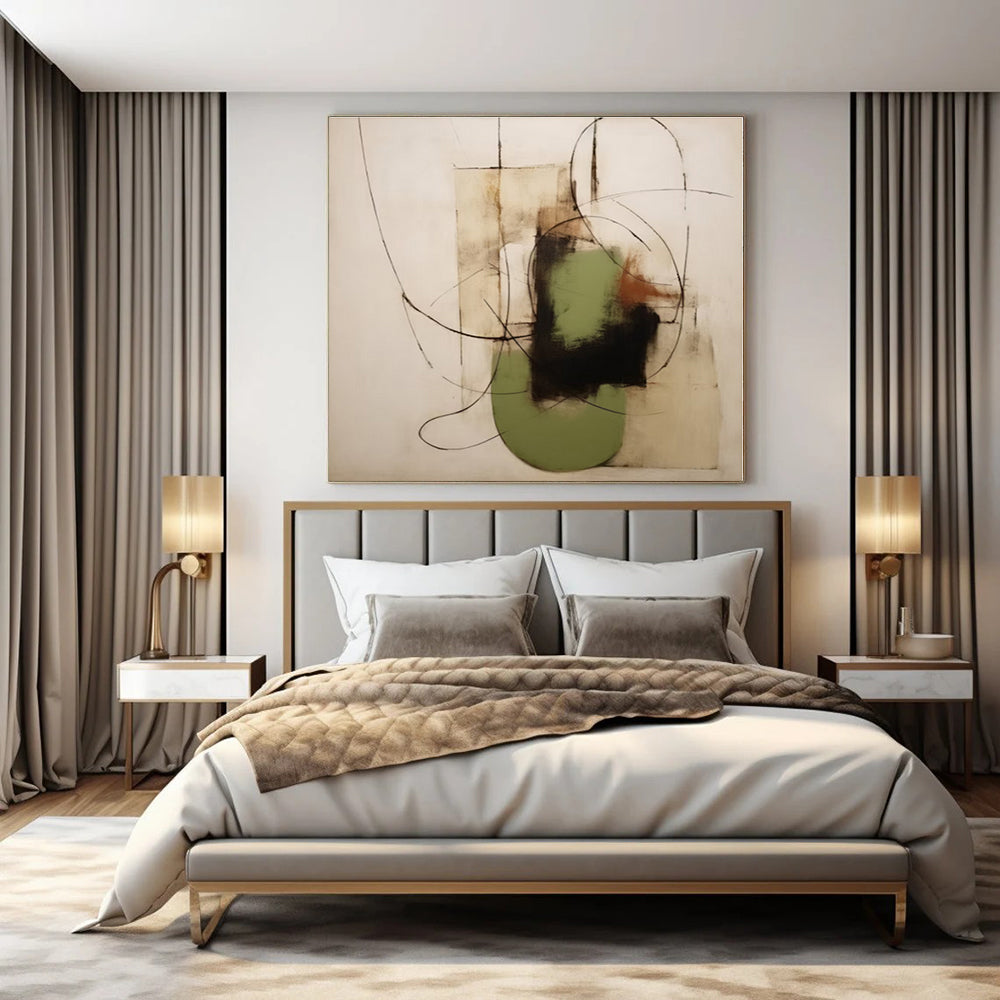 Black, Green, Beige with Curved Lines and Shapes "Organic Fusion" Abstract Painting On Canvas PS1294