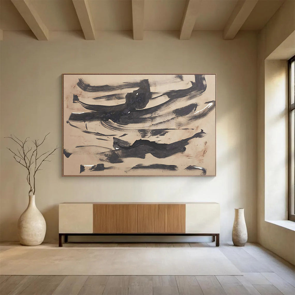 “Ink Wash Abstraction” - Black & Beige Abstract, Minimalist Ink Painting On Canvas DKS735